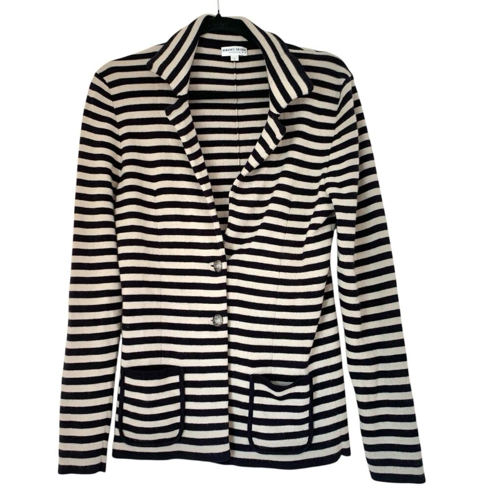 Bongenie‎ Grieder Knit Blazer L Black Stripe Crest Button Cashmere Blend Luxury